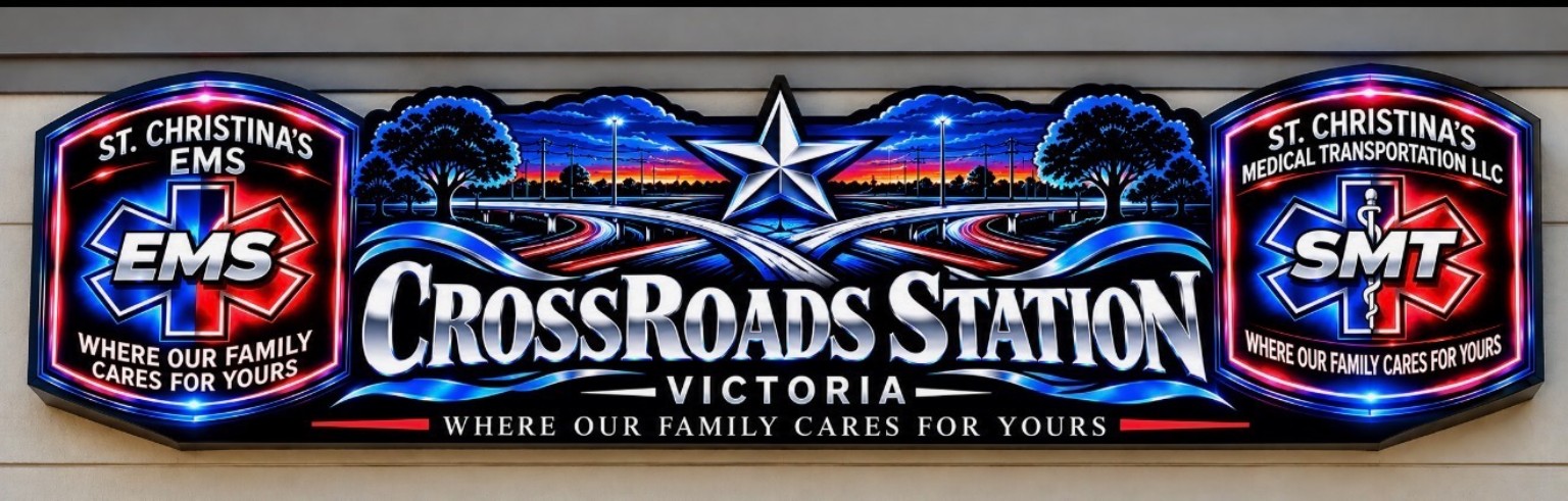 Crossroads Station in Victoria, with St. Christina’s EMS and St. Christina’s Medical Transportation LLC logos