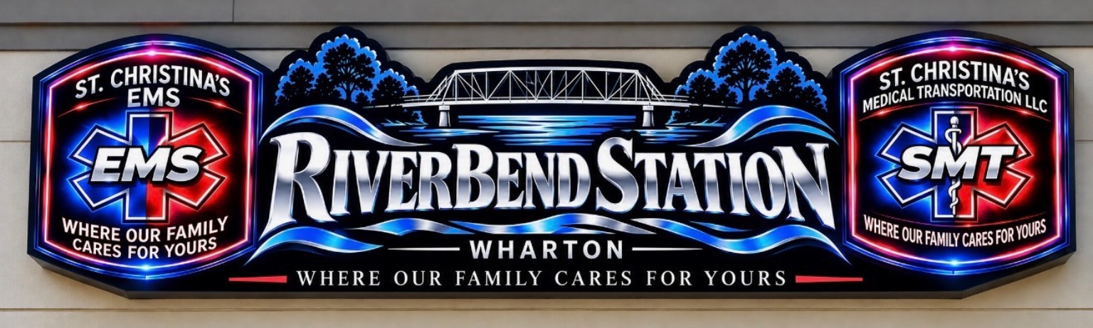 Riverbend Station in Wharton, with St. Christina’s EMS and St. Christina’s Medical Transportation LLC logos and the motto Where Our Family Cares For Yours