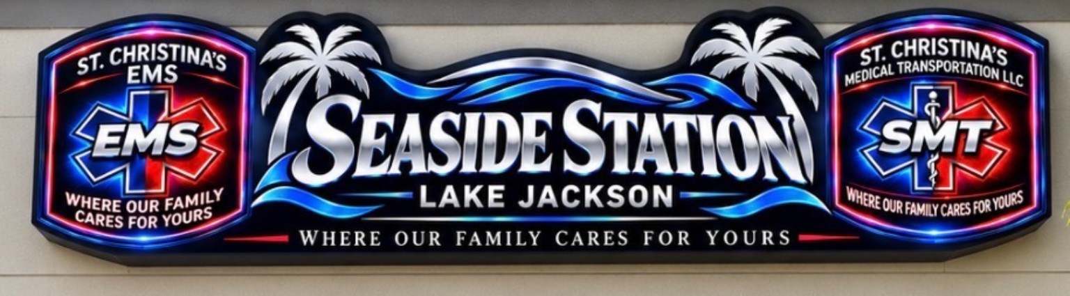 Seaside Station in Lake Jackson, with St. Christina’s EMS and St. Christina’s Medical Transportation LLC logos