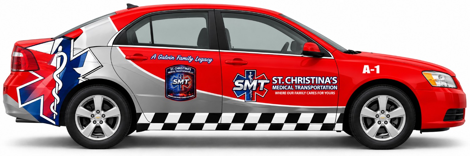 Side view of the red and silver St. Christina’s Medical Transportation A-1 sedan with company branding