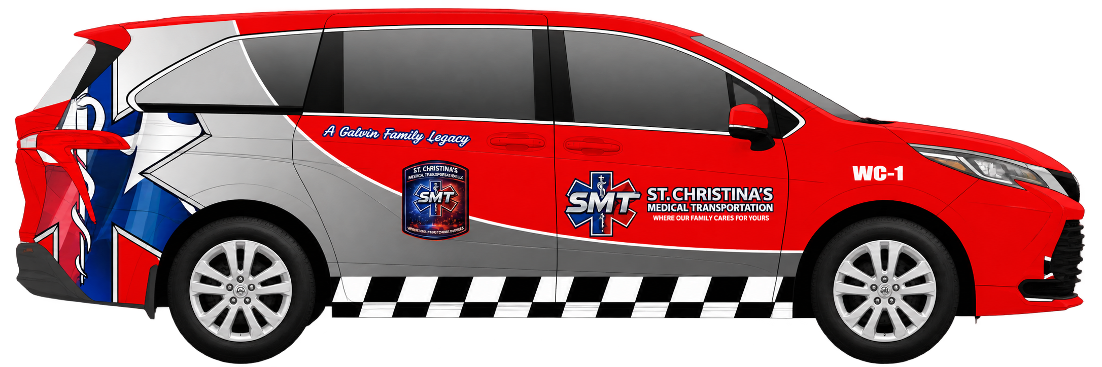 Side view of the red and silver St. Christina’s Medical Transportation WC-1 minivan with company branding